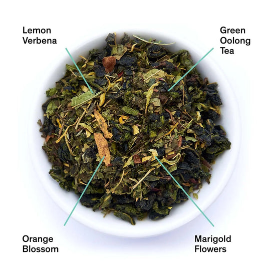Da LBI Tea Superbloom sweet lemon oolong green tea, loose leaves with ingredients labeled