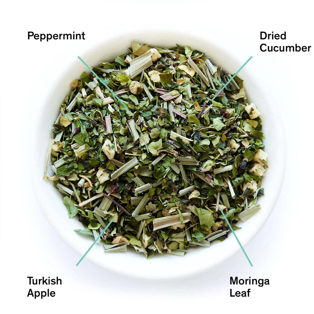 Da LBI Tea Olympus mint cucumber herbal tea, loose leaves with ingredients labeled