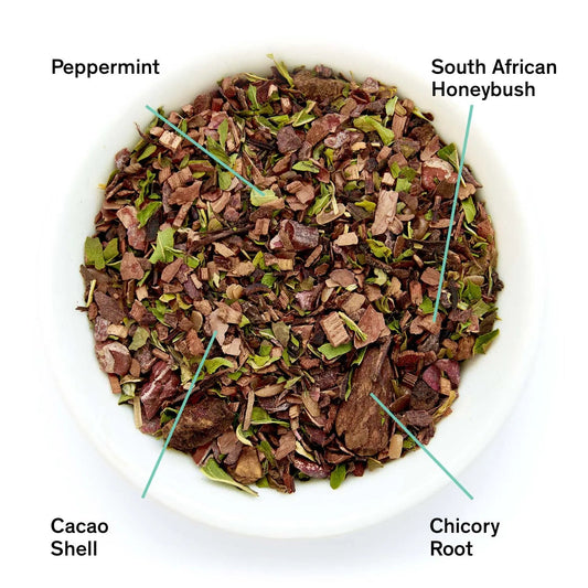 Da LBI Tea Love Story chocolate mint herbal tea, loose leaves with ingredients labeled