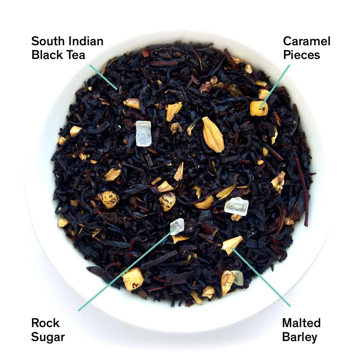 Da LBI Tea Diabolique almond brittle black tea, loose leaves with ingredients labeled