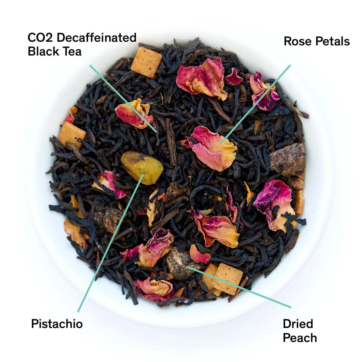 Da LBI Tea Decaf Dark Iris peach pistachio black tea, loose leaves with ingredients labeled