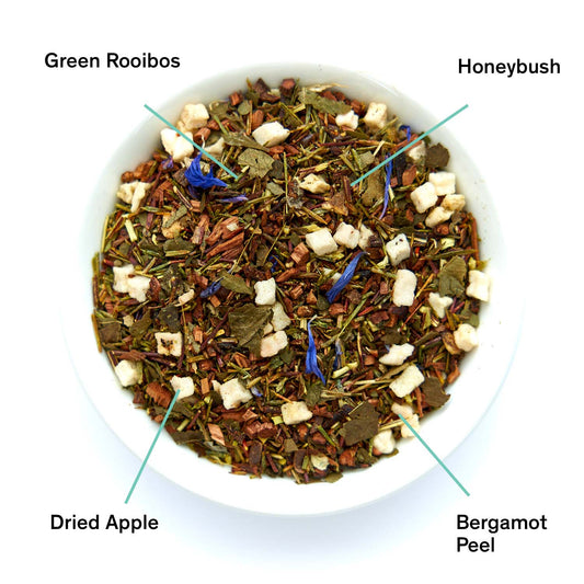 Da LBI Tea The Orchard apple bergamot herbal tea, loose leaves with ingredients labeled