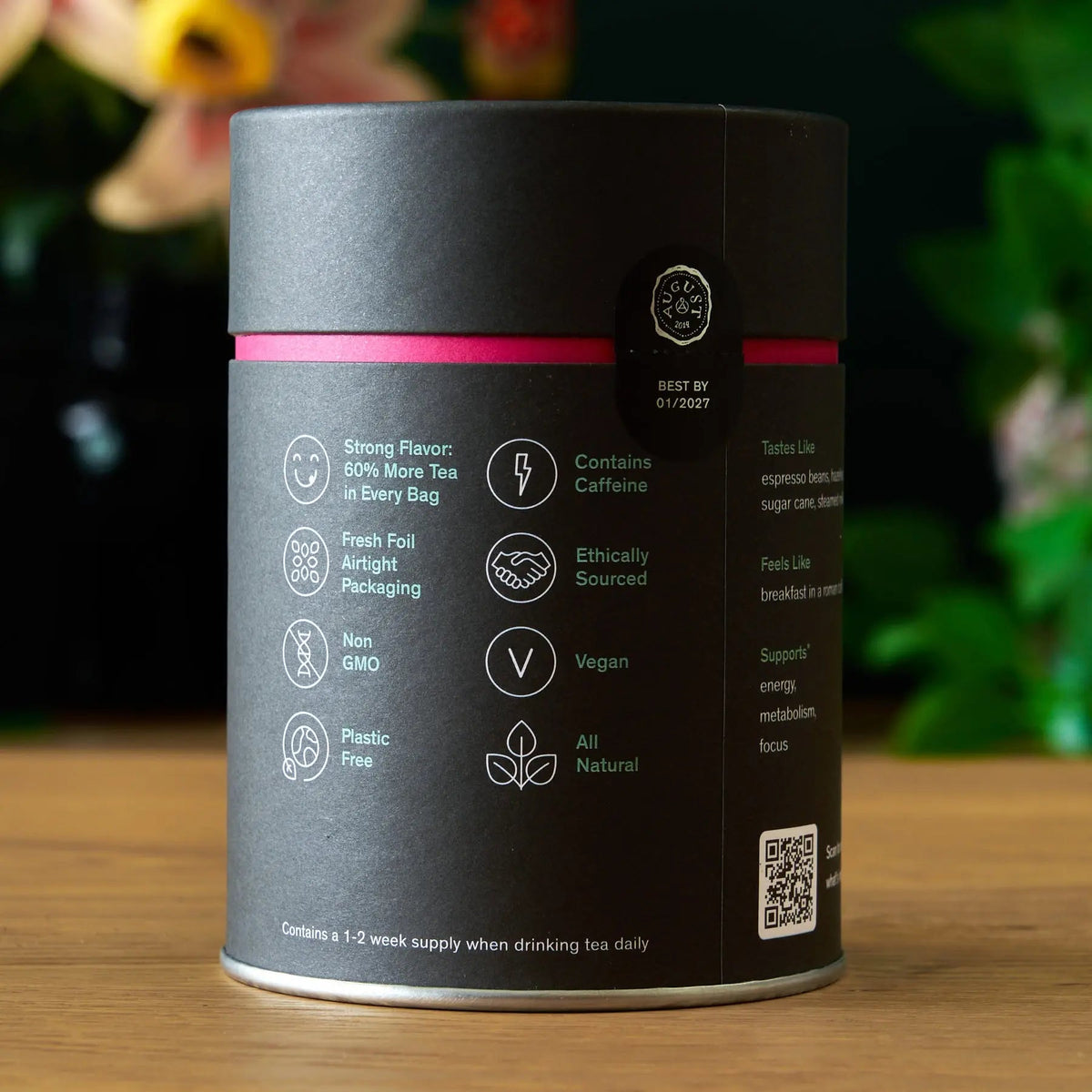 Side of the Jet Black tea bag canister showing product details and icons, Da LBI Tea