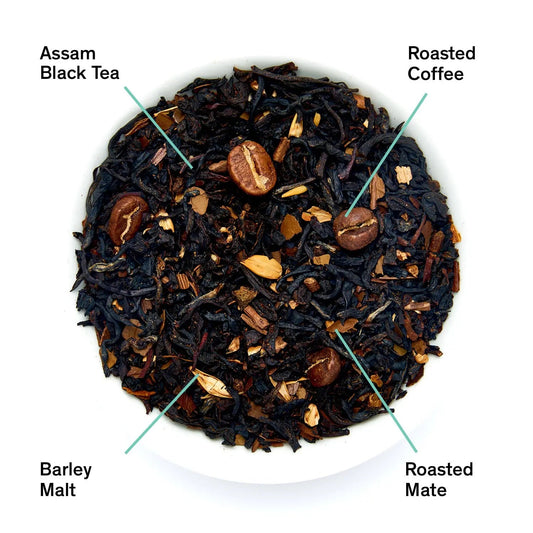 Jet Black loose tea blend labeled with Assam black tea, roasted coffee beans, barley malt and roasted mate, Da LBI Tea