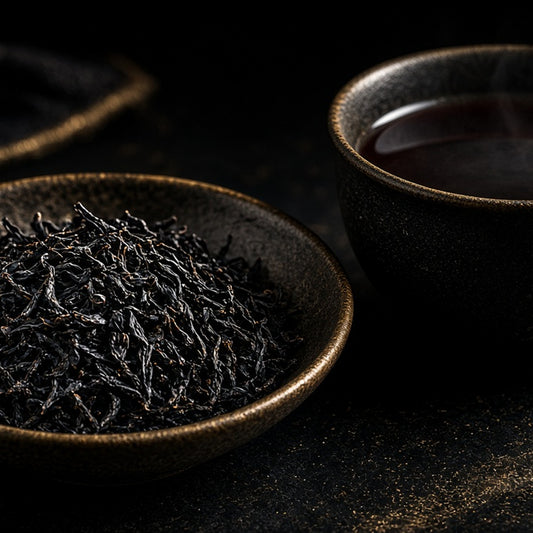 Da LBI Tea Black Metallic violet elderberry black tea, loose leaf tea in a dark bowl beside a cup of tea