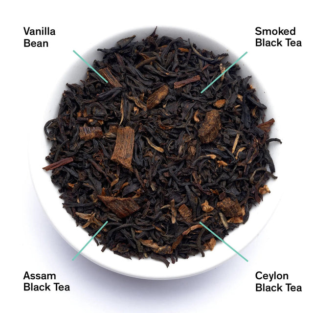 Da LBI Tea Breakfast smoky vanilla black tea, loose leaves with ingredients labeled