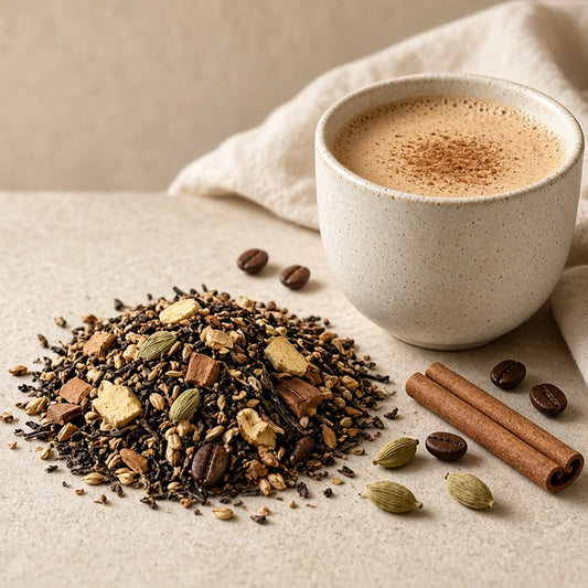 Da LBI Tea Dirty Chai spiced black tea with coffee, loose leaf tea with coffee beans, cinnamon and cardamom beside a frothy chai latte