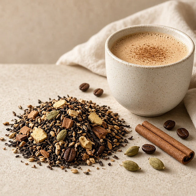 Da LBI Tea Dirty Chai spiced black tea with coffee, loose leaf tea with coffee beans, cinnamon and cardamom beside a frothy chai latte