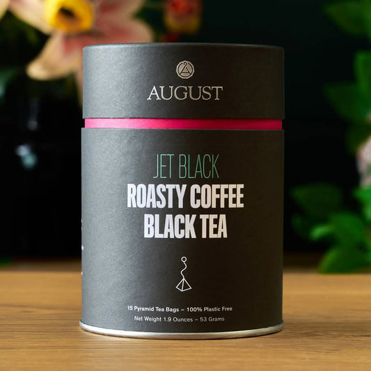 Jet Black roasty coffee black tea, canister of 15 pyramid tea bags, front view, Da LBI Tea