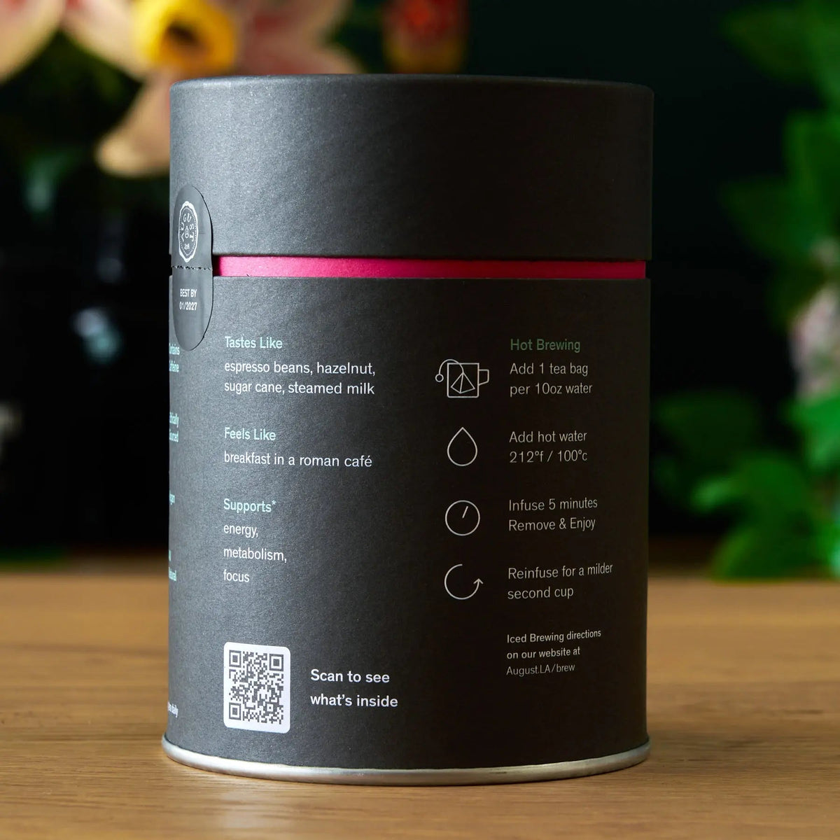 Back of the Jet Black tea bag canister with tasting notes and brewing instructions, Da LBI Tea