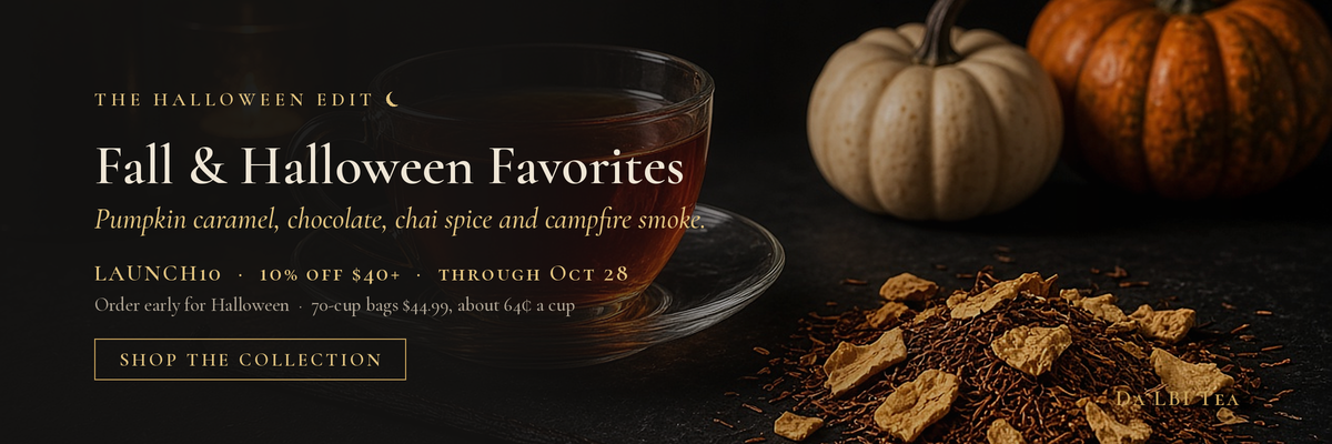 Fall & Halloween Favorites from Da LBI Tea: loose leaf tea with small pumpkins and a glass cup of tea. 10% off $40+ with code LAUNCH10 through Oct 28