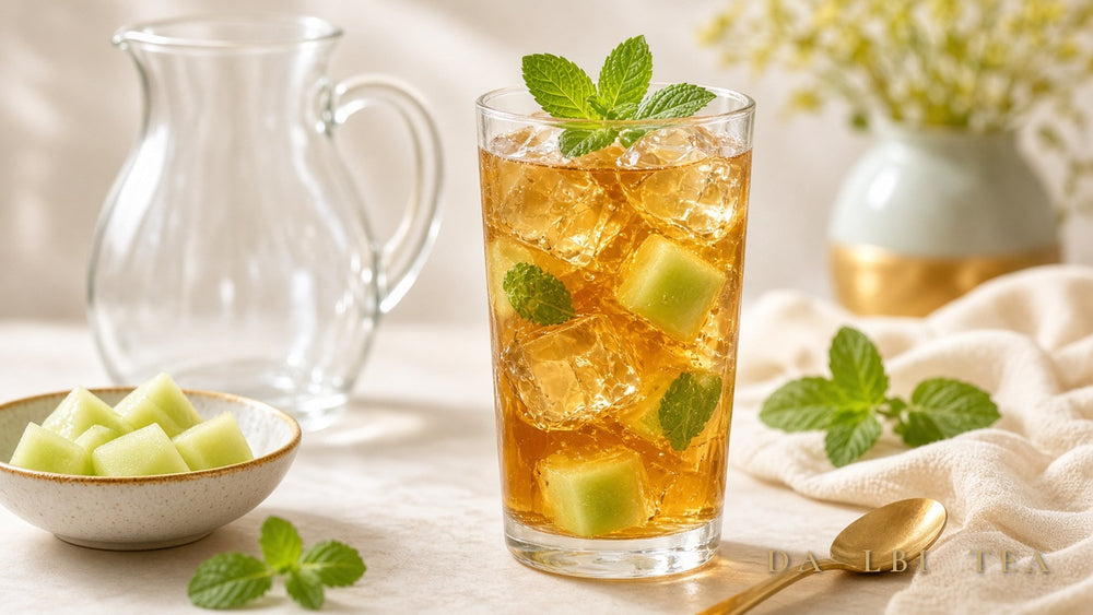Glass of iced tea with mint and melon cubes beside a glass pitcher