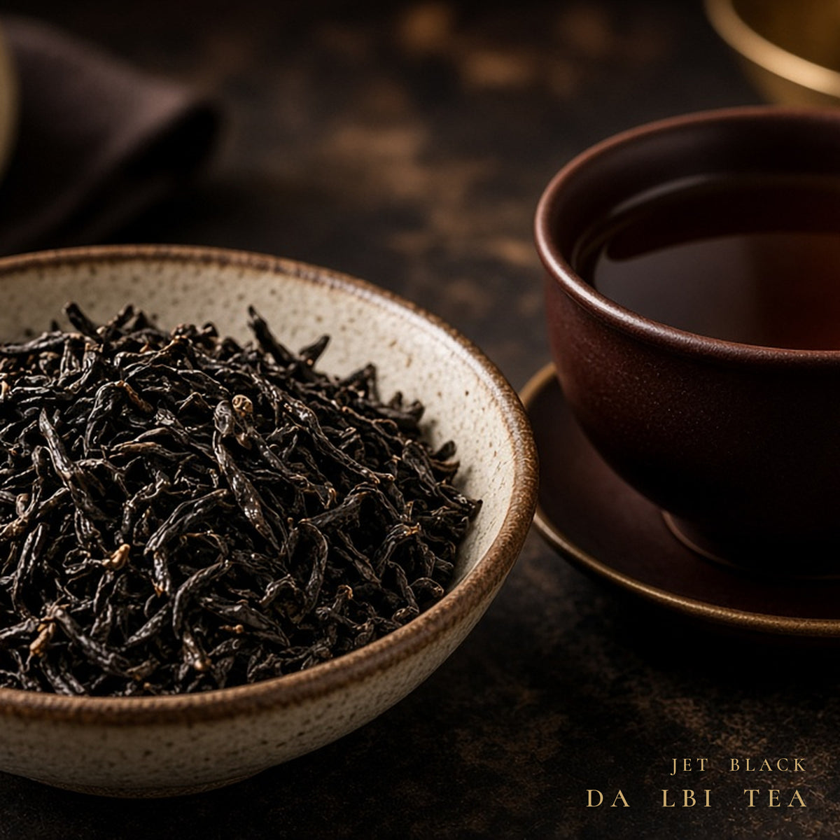 Da LBI Tea Jet Black roasty coffee black tea, product shot with packaging