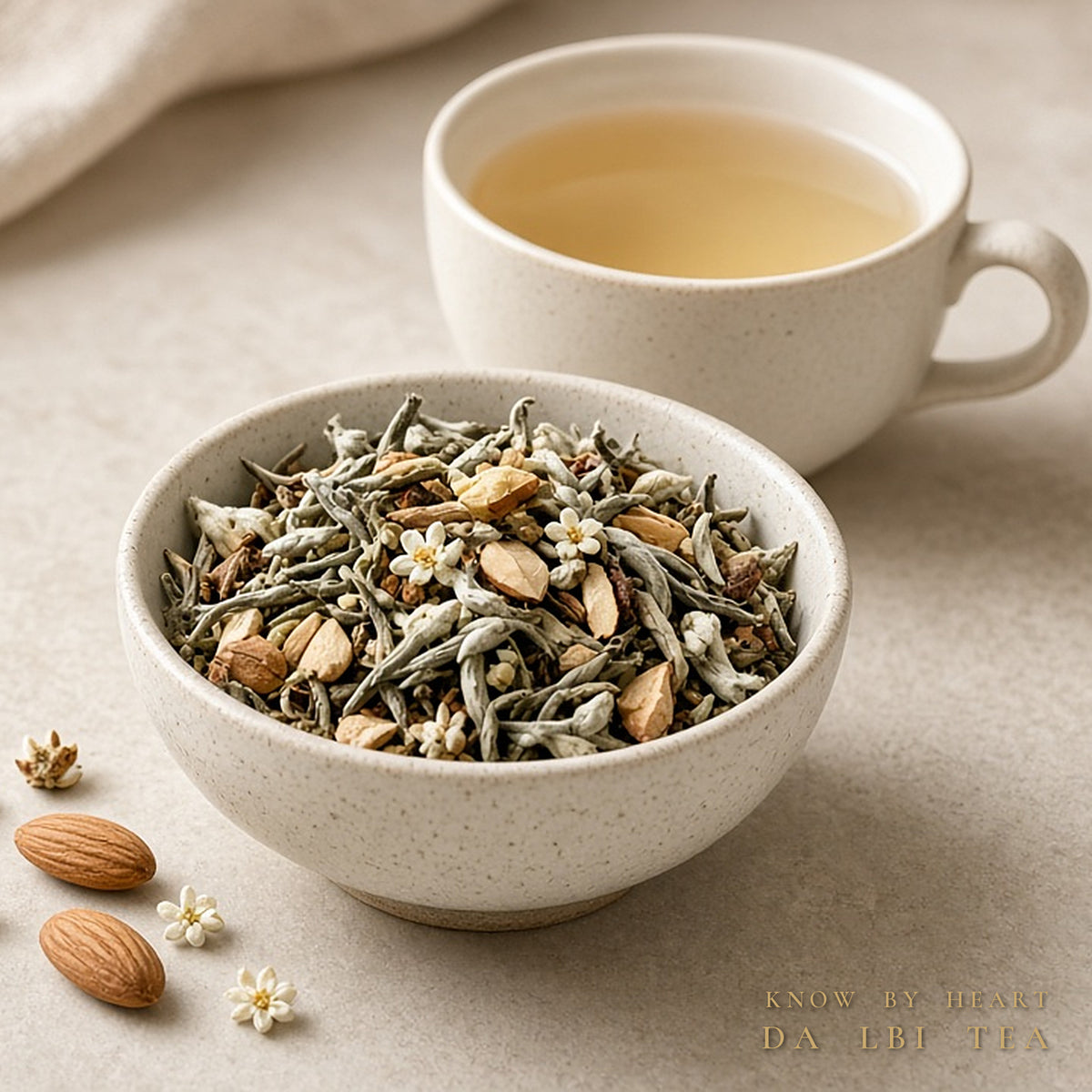 Da LBI Tea Know by Heart orange blossom almond white tea, loose leaf tea in a bowl with almonds and blossoms beside a cup of tea