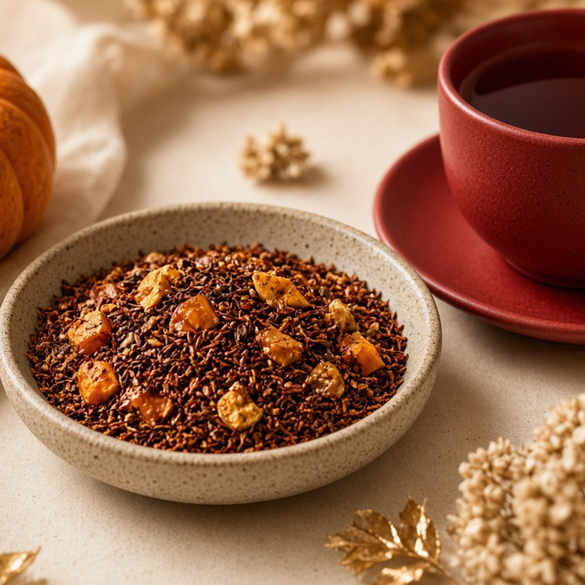 Da LBI Tea Psychocandy pumpkin caramel rooibos, loose leaf tea in a bowl beside a cup of tea and a small pumpkin