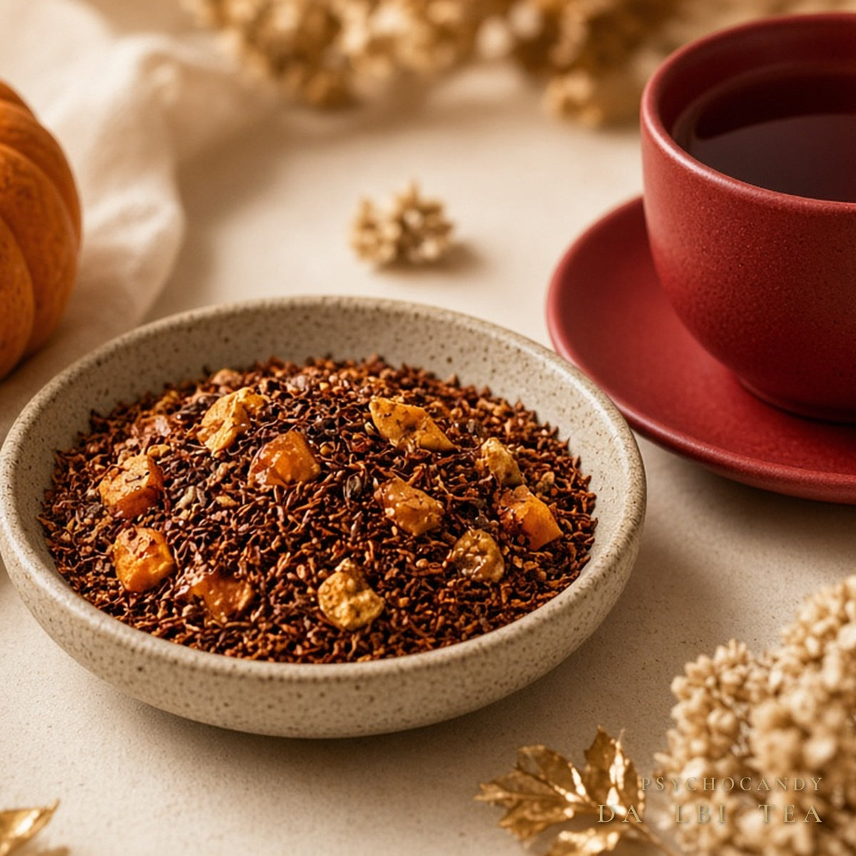 Da LBI Tea Psychocandy roasted pumpkin caramel rooibos tea, product shot with packaging