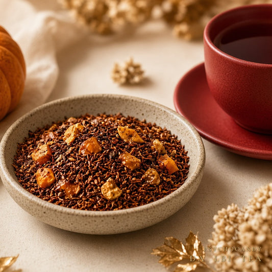 Da LBI Tea Psychocandy roasted pumpkin caramel rooibos tea, product shot with packaging