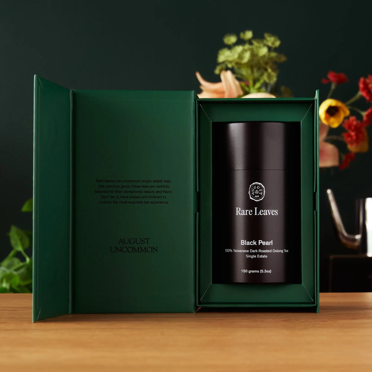 Da LBI Tea Rare Leaves Black Pearl single estate taiwanese dark roasted oolong tea, gift box opened to show the tin