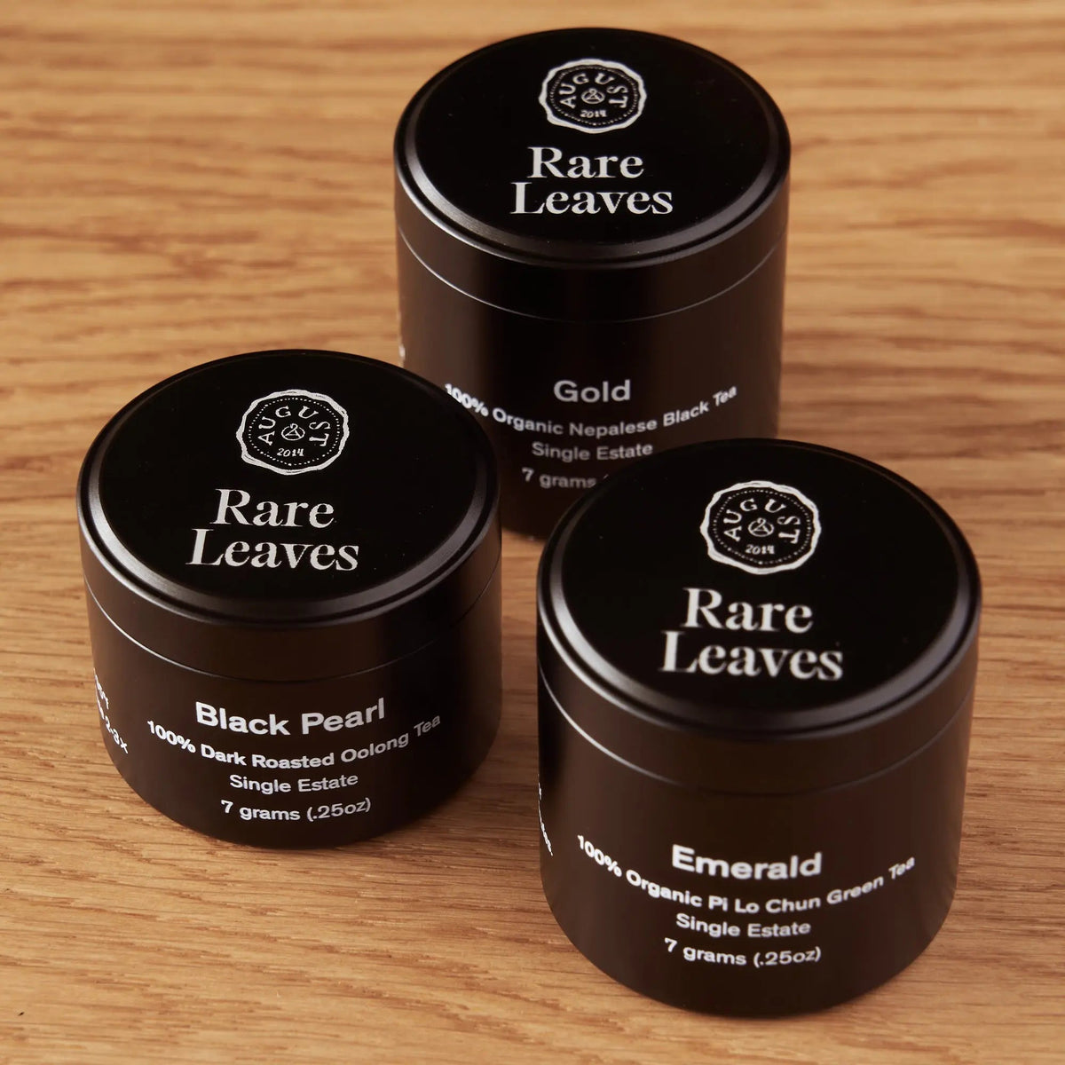 Da LBI Rare Leaves mini tin sampler of three single-origin teas, three mini tins, closed